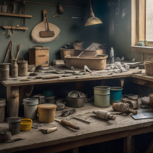 A cluttered but organized workbench with a variety of plastering tools, including a hawk, trowel, putty knife, and joint knife, surrounded by buckets of plaster and scattered dust particles.