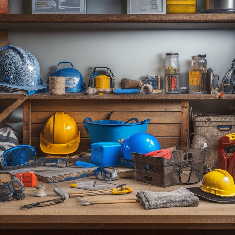A cluttered home renovation workspace with a variety of safety tools and equipment scattered around, including hard hats, goggles, gloves, safety nets, and a first-aid kit on a nearby shelf.