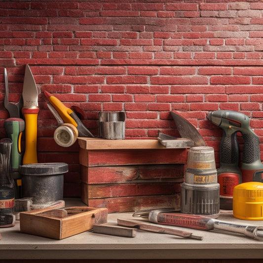 An image of a toolbox overflowing with various exterior wall renovation tools, such as a trowel, level, and drill, surrounded by stacks of bricks, mortar, and a measuring tape.