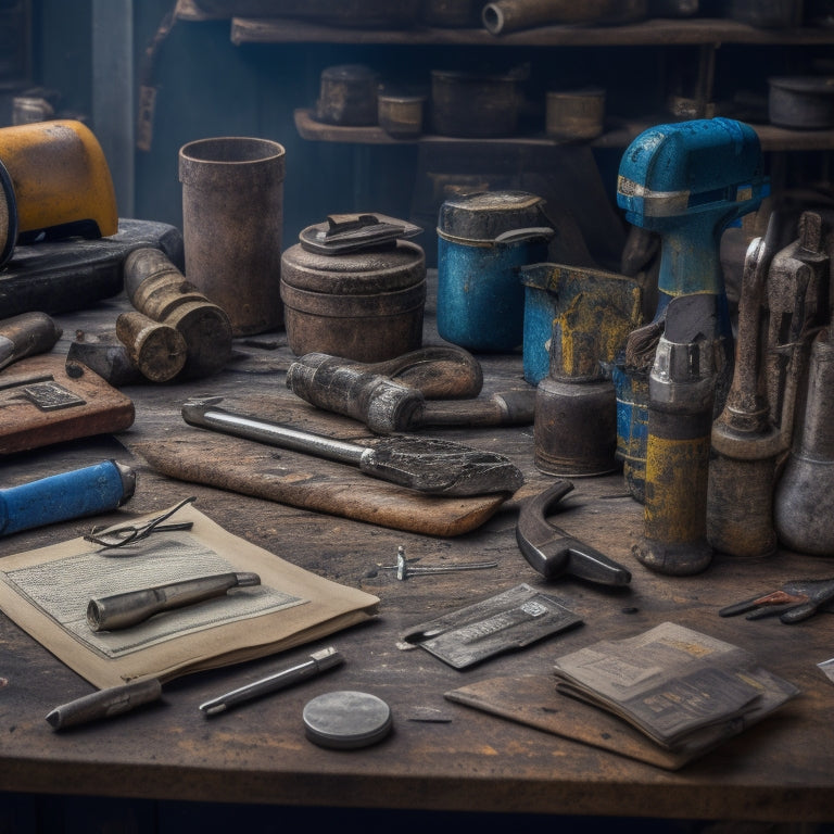 A cluttered workbench with old, rusty tools scattered around a small, worn-out notebook with a budget scribbled on a page, next to a shiny new cordless drill and a few scattered receipts.
