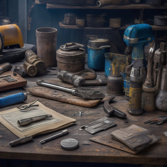 A cluttered workbench with old, rusty tools scattered around a small, worn-out notebook with a budget scribbled on a page, next to a shiny new cordless drill and a few scattered receipts.