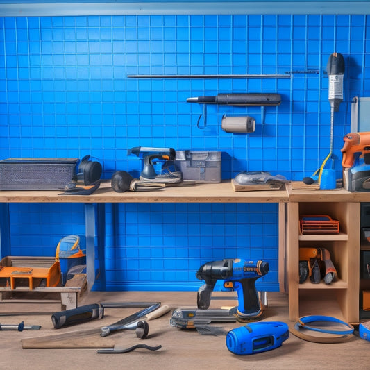 A well-organized workshop with a pegboard, toolbox, and various renovation tools, including a cordless drill, impact driver, and circular saw, with a partially renovated room in the background.