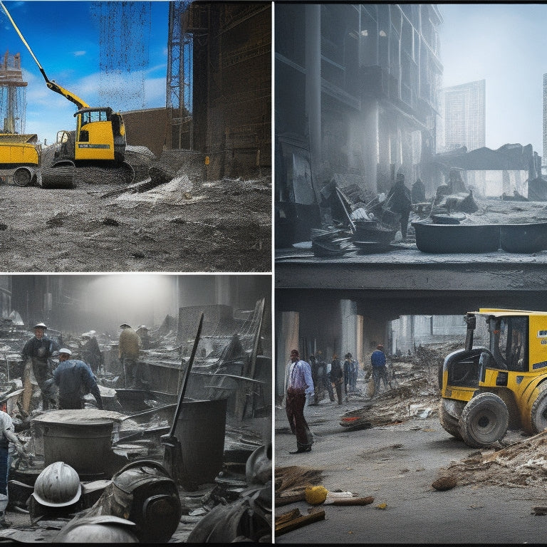 A split-screen image: a cluttered, chaotic construction site on the left, with tools scattered and workers in disarray, versus a tidy, organized site on the right, with a prominent calendar or schedule board in the background.