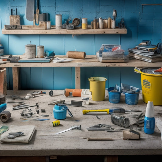 A cluttered workshop table with a variety of tools, including a cordless drill, level, putty knife, joint compound, and a bucket of joint tape, surrounded by strips of torn drywall and scattered wall screws.