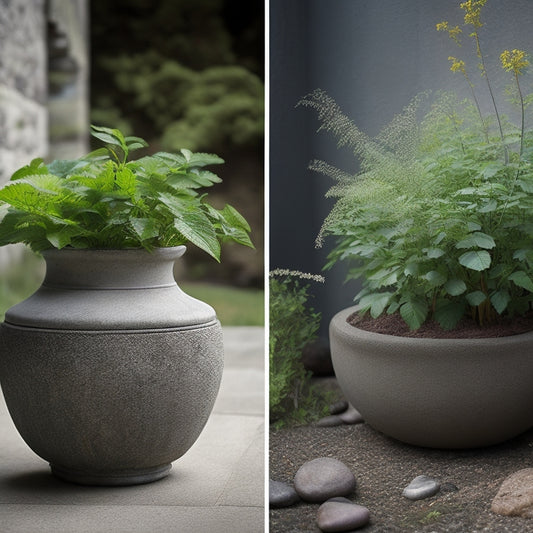 A worn, cracked concrete planter with overgrown plants and weeds, next to a renovated planter with smooth, gray concrete, lush greenery, and decorative stones.