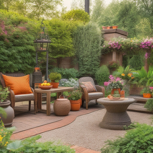 A serene backyard oasis featuring a refurbished wooden patio set, lush greenery, and vibrant flowers, surrounded by repurposed terracotta pots and lanterns, with a subtle DIY charm.