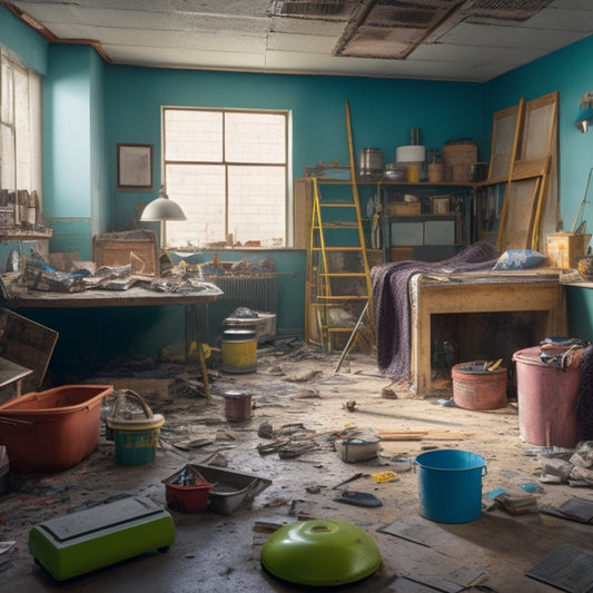 A messy room with a dropped ceiling, exposed ductwork, and old tiles scattered on the floor, surrounded by renovation tools like ladders, buckets, and rollers.
