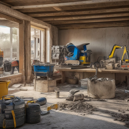 A cluttered but organized construction site with various tool rentals in the foreground, including a concrete mixer, circular saw, and drill, amidst a partially renovated concrete home backdrop.
