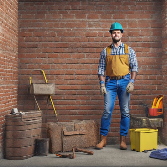 An illustration of a bricklayer wearing a hard hat, safety glasses, gloves, and steel-toed boots, standing in front of a half-built brick wall with a toolbox and scattered renovation tools nearby.