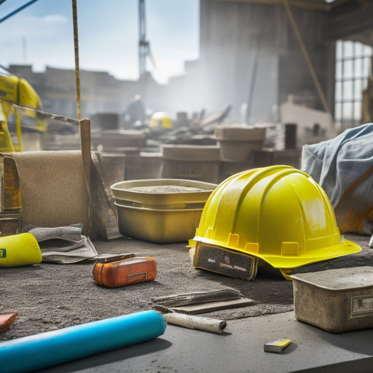 A cluttered construction site with a variety of safety tools scattered around, including a yellow hard hat, orange cones, a first aid kit, and a respirator, surrounded by renovation materials and debris.