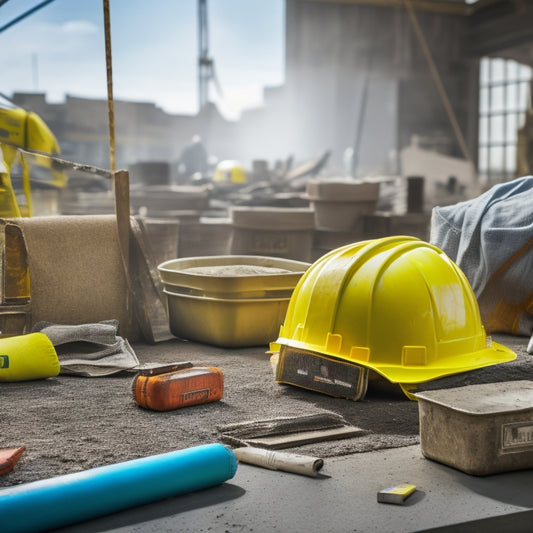 A cluttered construction site with a variety of safety tools scattered around, including a yellow hard hat, orange cones, a first aid kit, and a respirator, surrounded by renovation materials and debris.