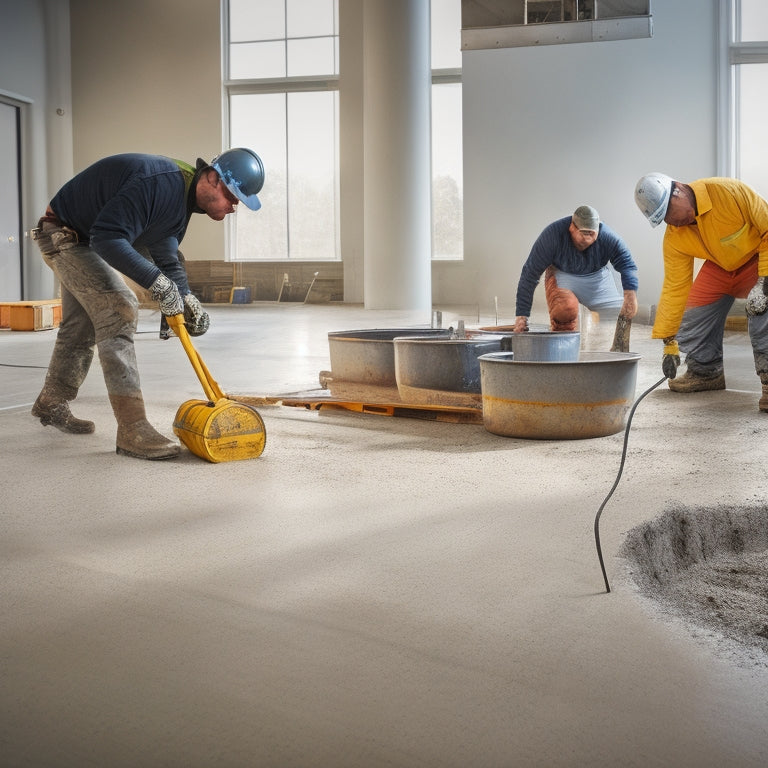 A photograph of a construction site with a concrete subfloor, tools scattered around, a spirit level on the floor, a bucket of self-leveling compound in the corner, and a worker in the background inspecting the surface.