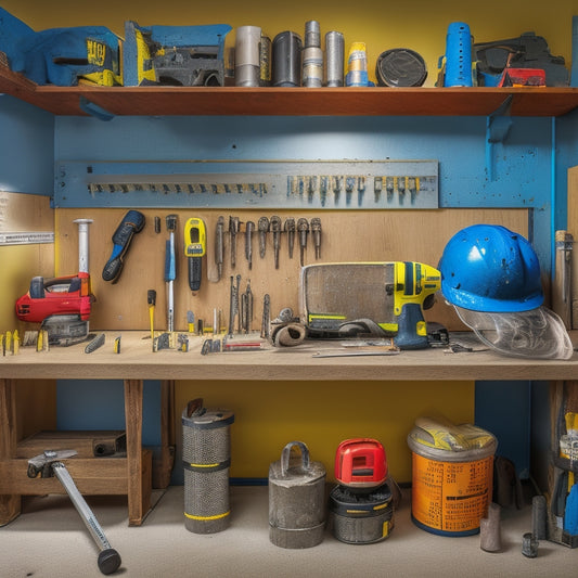 A cluttered workbench with various wall leveling tool sets, including a spirit level, laser level, and stud finder, surrounded by scattered drywall screws, drill bits, and a half-hung wall fixture.