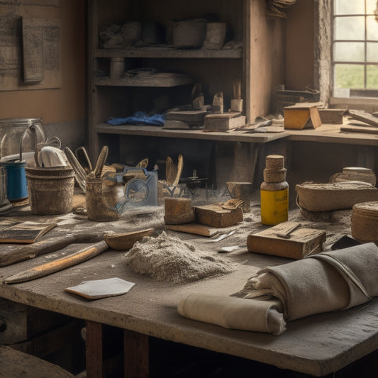 A cluttered workbench with an assortment of plastering tools, including a trowel, joint knife, and putty knife, surrounded by bags of plaster mix and a few scattered DIY renovation manuals.