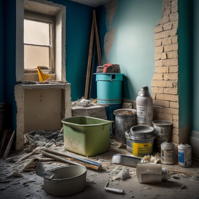 A messy renovation site with various types of filler materials scattered around, including caulk tubes, putty knives, spackling compound buckets, and joint compound bags, with a partially filled hole in the wall.