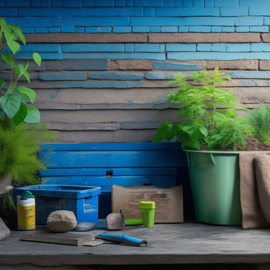 A messy, worn-out block wall with crumbling mortar and weeds growing in between the cracks, next to a toolbox filled with renovation tools and a checklist on a clipboard.