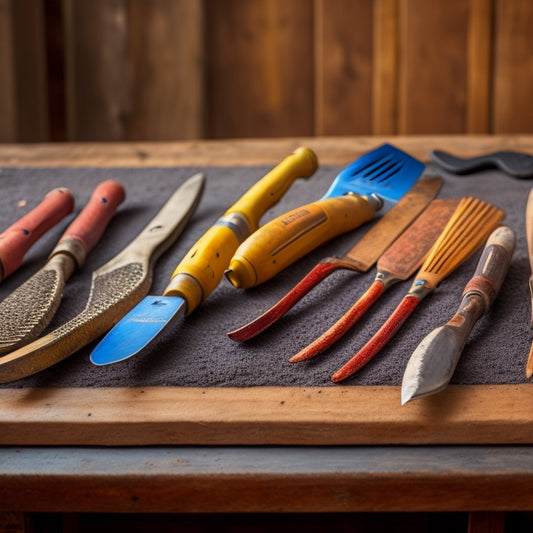 An array of six trowels with varying handle lengths, grip materials, and blade shapes, arranged on a rustic wooden table against a blurred background of renovation tools and materials.