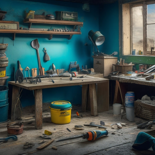 A messy, partially renovated room with tools scattered around, a hammer leaning against a half-painted wall, a drill on a workbench, and a toolbox open in the center, with various tools spilling out.
