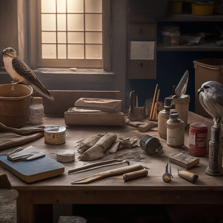 A cluttered yet organized workstation with various plastering tools, including a hawk, trowel, and joint knife, on a worn wooden table surrounded by scattered plaster dust and small renovation materials.