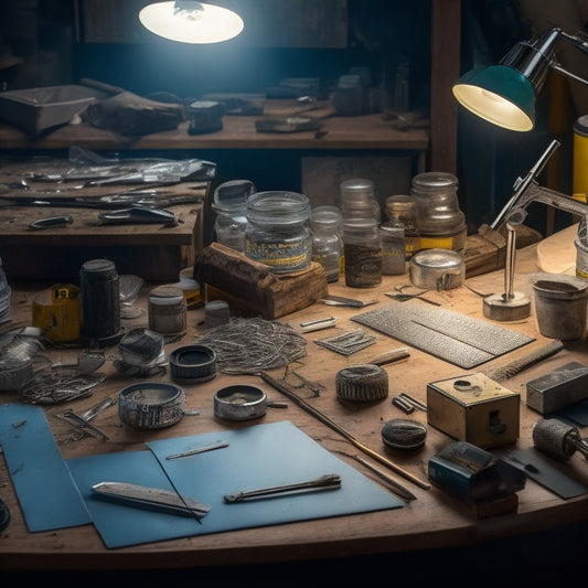 A messy, well-lit workshop table cluttered with various etching tools, including rotary engravers, diamond-coated burs, and carbide-tipped scribers, surrounded by half-finished DIY renovation projects and scattered metal shavings.