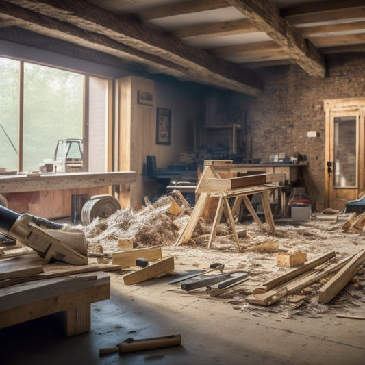A messy renovation site with scattered wood shavings, a half-cut wooden beam, and a few saws in the background, with one prominent saw standing out, sharp and clean, amidst the chaos.