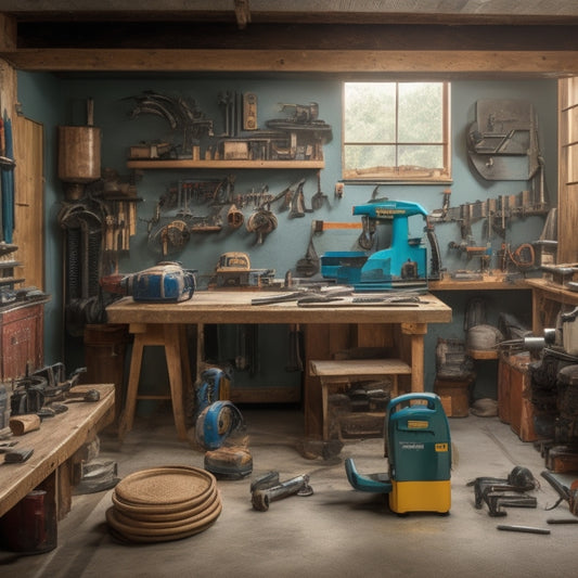 A cluttered but organized garage workshop with various tools and equipment in the foreground, including a circular saw, drill press, and impact wrench, surrounded by partially renovated walls and floors.