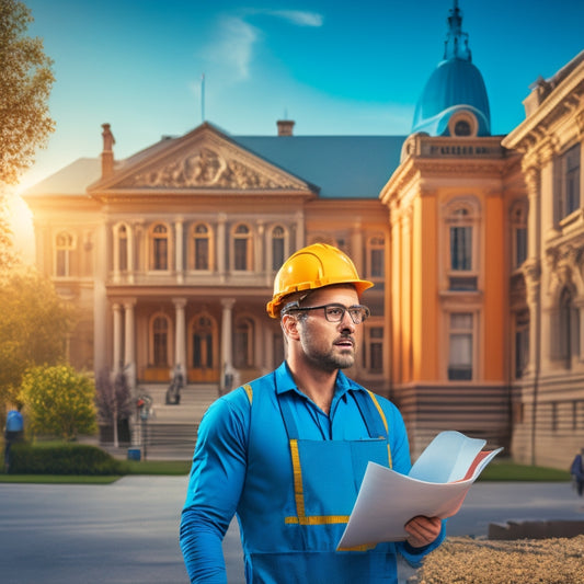 An illustration of a person holding a blueprint, standing in front of a partially renovated house with a city hall building in the background, surrounded by construction cones and regulatory symbols.