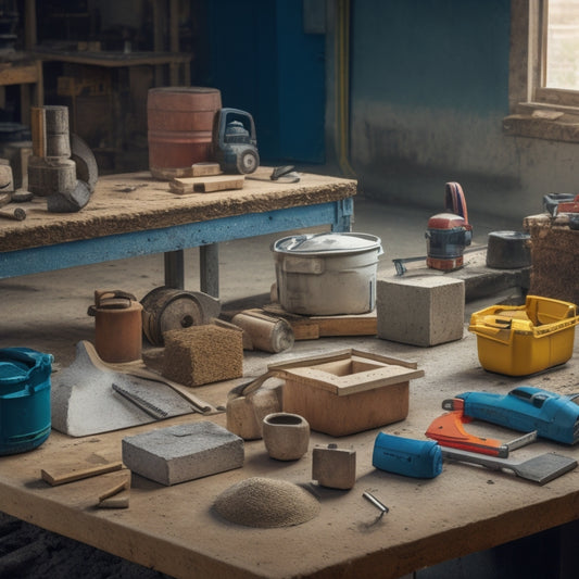 A cluttered workshop table with a block foundation blueprint, scattered tools, and materials: a circular saw, drill, level, trowel, mixing bucket, and piles of concrete blocks and sand.