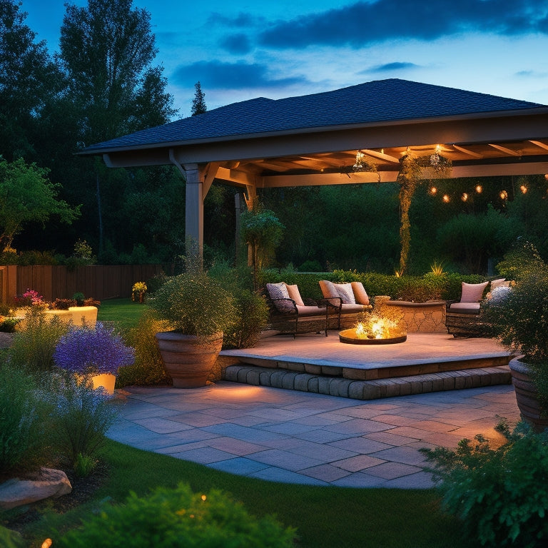 A serene backyard patio scene at dusk, featuring a rectangular fire pit surrounded by plush outdoor furniture, lush greenery, and a pergola with twinkling string lights.