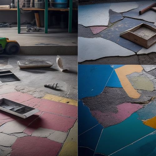 A cracked, worn-out concrete floor with different sections highlighted in varying colors, each with a different number of cracks, surrounded by renovation tools and materials.