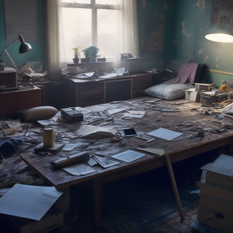 A messy room with torn wallpaper, broken furniture, and scattered renovation tools, surrounded by papers, calculators, and a laptop with a spreadsheet open, amidst a faint blueprint of a dream home.