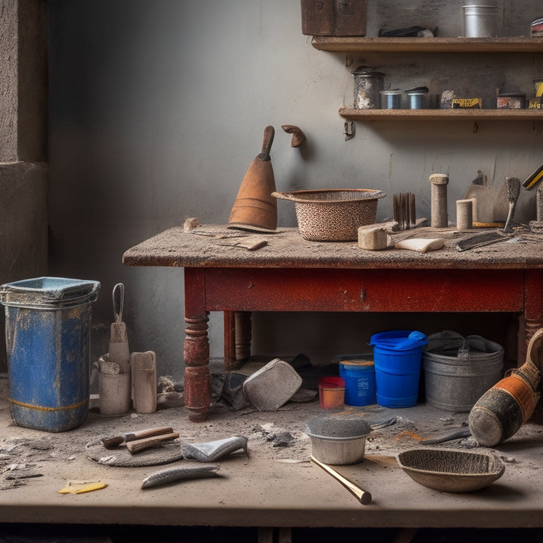 A cluttered workbench with various stucco repair tools, including a hawk, trowel, putty knife, and mixing bucket, surrounded by stucco fragments, wire mesh, and renovation detritus.