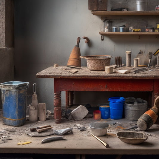 A cluttered workbench with various stucco repair tools, including a hawk, trowel, putty knife, and mixing bucket, surrounded by stucco fragments, wire mesh, and renovation detritus.
