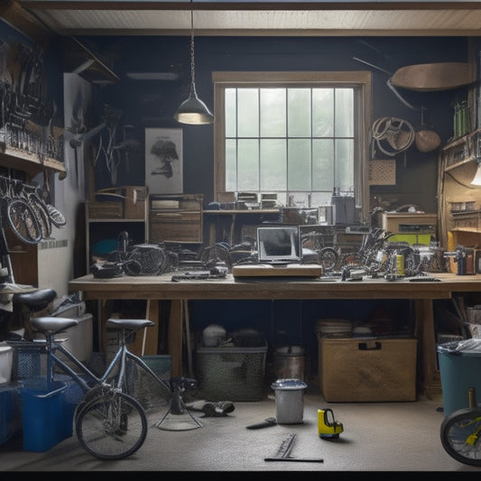 A cluttered garage with scattered tools, bikes, and storage bins, with a laptop and Excel spreadsheet on a workbench in the center, surrounded by renovation plans and cost estimates.