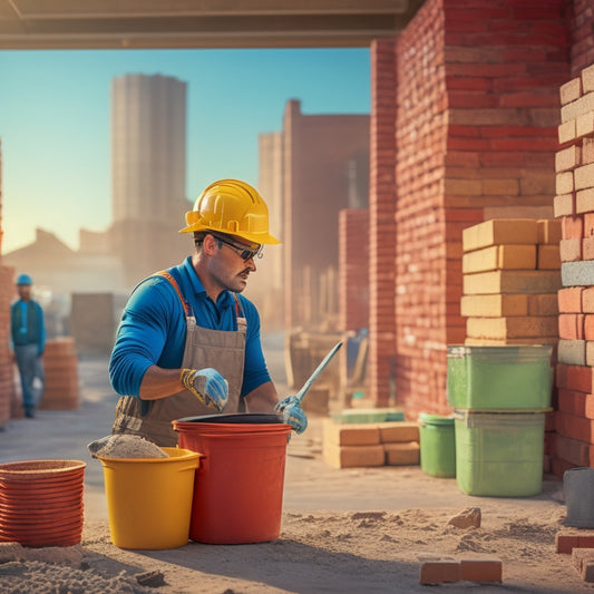 A clutter-free construction site with a bricklayer in the background, wearing a hard hat, safety goggles, dust mask, and gloves, surrounded by organized stacks of bricks and a mixing bucket.