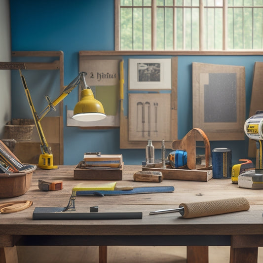A clutter-free workspace with a wooden table, surrounded by neatly organized tools: a spirit level, tape measure, hammer, and cordless drill, with a subtle background of a renovated room under construction.