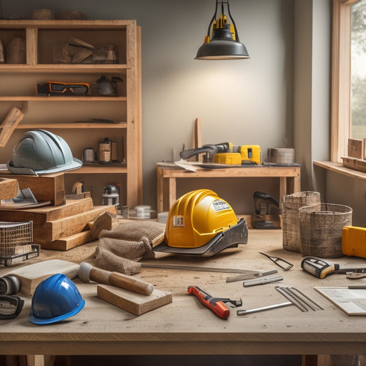 A cluttered home renovation workspace with a wooden table saw, scattered power tools, and building materials, surrounded by a hard hat, safety goggles, and a first aid kit in the foreground.