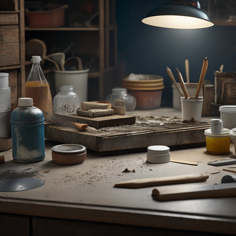 An organized workstation with various mixing tools, including a rusty metal putty knife, a white plastic spreader, and a wooden dowel, surrounded by open containers of adhesive and scattered dust particles.