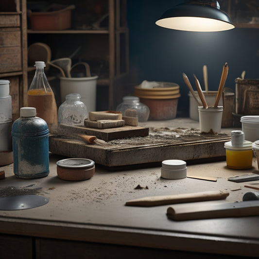 An organized workstation with various mixing tools, including a rusty metal putty knife, a white plastic spreader, and a wooden dowel, surrounded by open containers of adhesive and scattered dust particles.