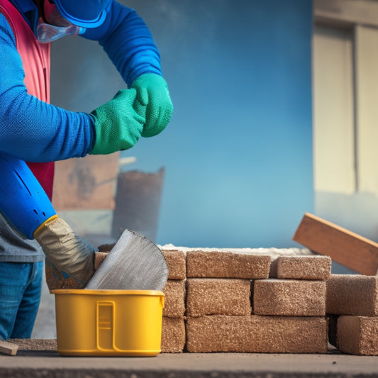 An image depicting a person wearing gloves and a dust mask, carefully lifting a cinder block with both hands, amidst a renovation site with scattered tools and construction materials in the background.