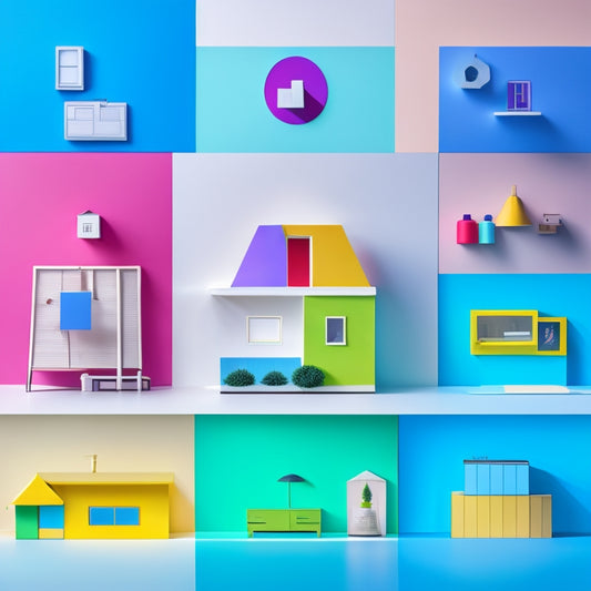 A colorful, minimalist illustration of a house with various rooms and areas highlighted, each containing a corresponding checklist icon (e.g., hammer, paintbrush, etc.) in a bright, contrasting color.