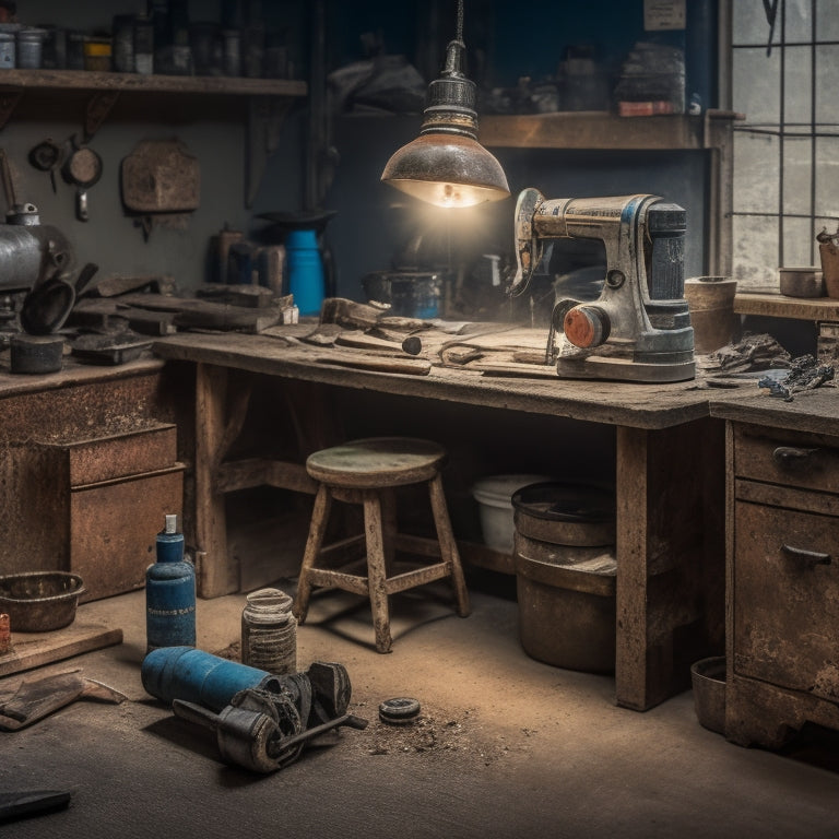A cluttered workshop bench with various DIY renovation tools, featuring a prominent industrial-grade grinder with sparks flying, surrounded by concrete dust and scattered renovation materials.