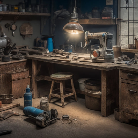 A cluttered workshop bench with various DIY renovation tools, featuring a prominent industrial-grade grinder with sparks flying, surrounded by concrete dust and scattered renovation materials.