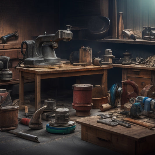 A cluttered workshop background with various home renovation tools scattered around, featuring 5-7 different grinding machines with varying sizes and shapes, placed on a wooden workbench or metal table.