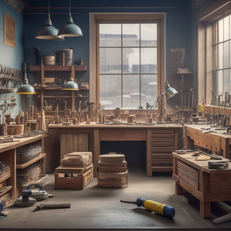 A tidy, well-organized workshop with a wooden workbench, various renovation tools like hammers, drills, and levels, and a cityscape with a renovated building in the background.