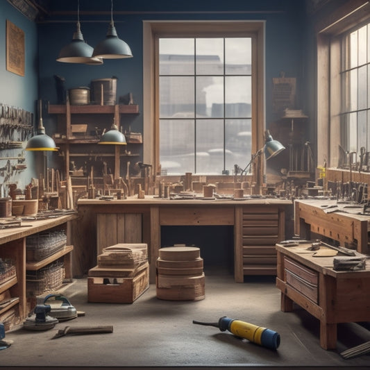 A tidy, well-organized workshop with a wooden workbench, various renovation tools like hammers, drills, and levels, and a cityscape with a renovated building in the background.