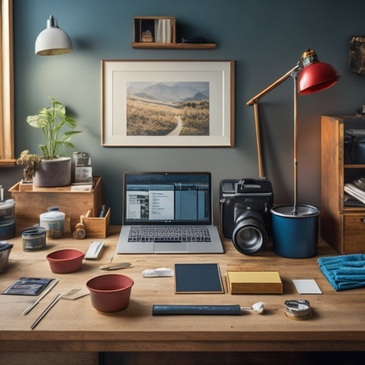 A tidy, well-organized workspace with a variety of sleek, modern renovation tools laid out on a wooden table, surrounded by neatly stacked drywall sheets and a few scattered paint swatches.
