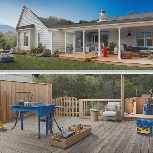 A split-screen illustration featuring a small, medium, and large deck, each with a corresponding toolbox and various renovation tools scattered around, with measuring tapes and blueprints nearby.