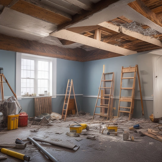 A messy ceiling renovation site with various tools scattered around, including a ladder, buckets, drills, hammers, and a trowel, surrounded by fallen drywall and debris.