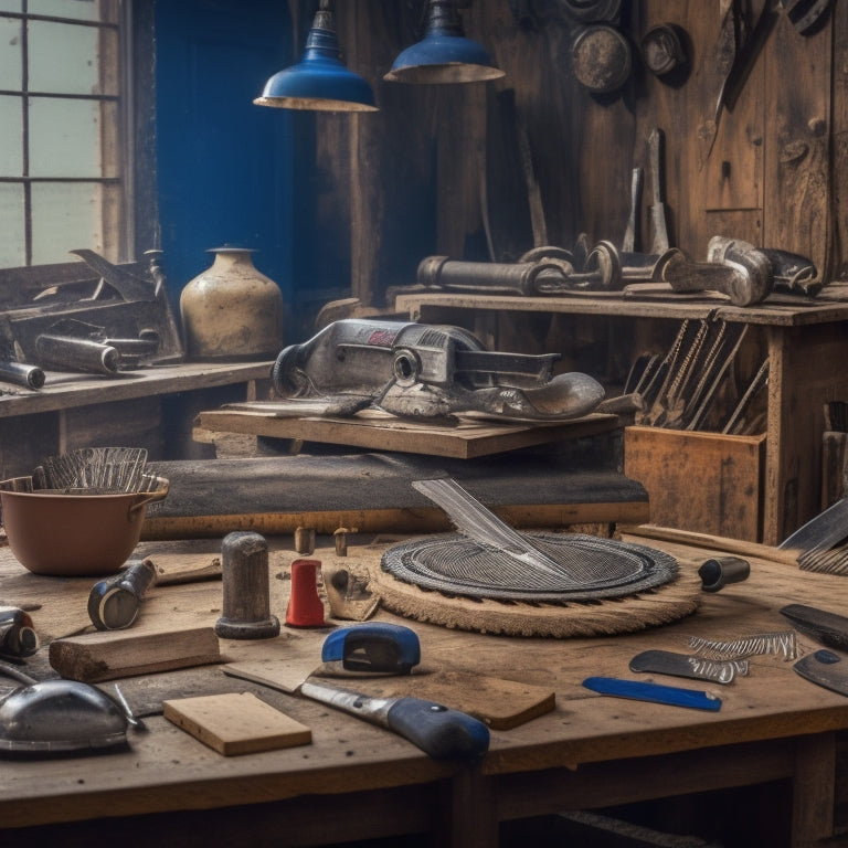 A cluttered workbench with various DIY renovation tools, featuring a selection of different saw blades with distinct teeth patterns and sizes, surrounded by wooden planks, screws, and a circular saw in the background.